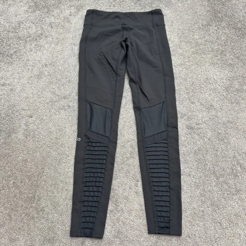 Alo Yoga Moto Leggings Womens Small Anthracite Dark Gray Ribbed Mesh Panels Yoga